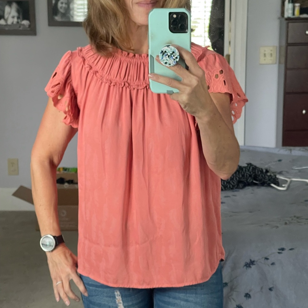 Current Air Coral Feathet Print Flutter Sleeve Top